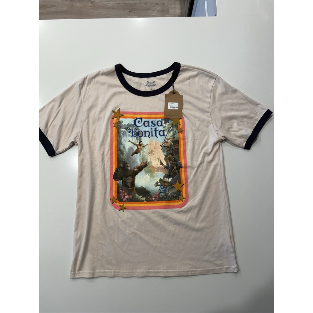 Casa Bonita Mi Amor Ringer T-Shirt L Cream Graphic Print CB100550